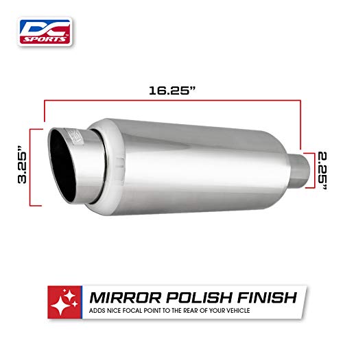 DC Sports EX-5016 Performance Bolt-On Resonated Exhaust Muffler with Clamps and Adapters for Universal Fitment on Most Cars, Sedans, and Trucks - Polished Stainless Steel