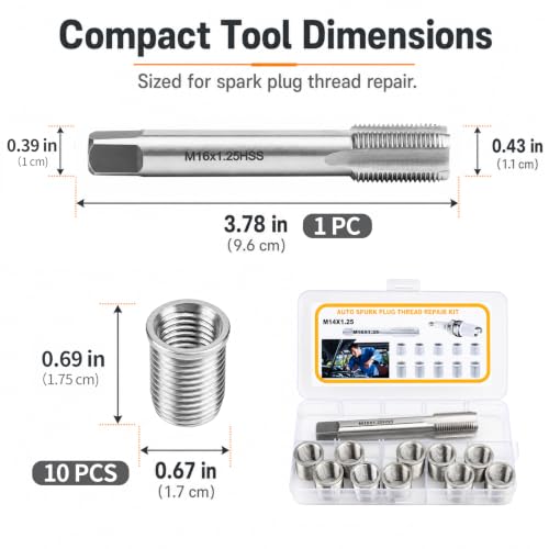 M14x1.25 Spark Plug Thread Repair Kit, 11‑Piece Tap & Inserts Set - color: M14x1.25