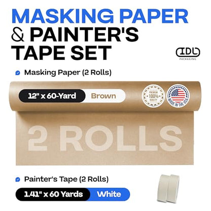 IDL Packaging 12" x 60 Yards Brown Masking Paper Set with Tape (2 Rolls) - size: 12" X 60 Yards, style: SET White, Pack of 2