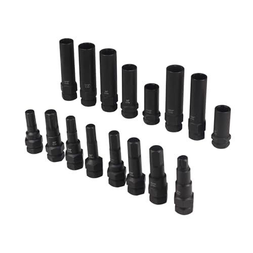16pc Locking Lug Nut Master Key Set, SAE & Metric Wheel Lock Removal Kit for Removing Locking Spline Star Hex and Fluted Hex Lug Nuts, Lug Nut Remover Set for Mechanics and More