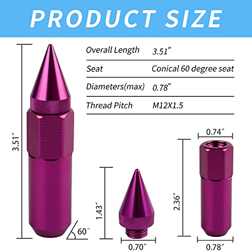 M12X1.5 Spiked Nuts for Rims Aluminum Extended Tuner Lug Nuts 20PCS 60MM (Purple) - color: Purple