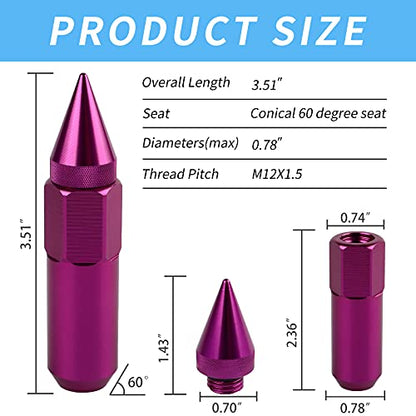 M12X1.5 Spiked Nuts for Rims Aluminum Extended Tuner Lug Nuts 20PCS 60MM (Purple) - color: Purple