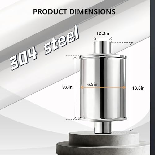 3" Ultra Quiet Resonator Muffler - 304 Stainless Steel, 3" Inlet/3" Outlet, 13.8" Overall Length - size: 3 Inch