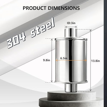 3" Ultra Quiet Resonator Muffler - 304 Stainless Steel, 3" Inlet/3" Outlet, 13.8" Overall Length - size: 3 Inch