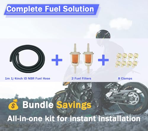 1/4 Fuel Line Hose Kit with 2 Inline Fuel Filters & 8 Clamps - for Lawn Mower, Small Engine, ATV - size: 3.3Ft+2Fuel filter+8Clamps