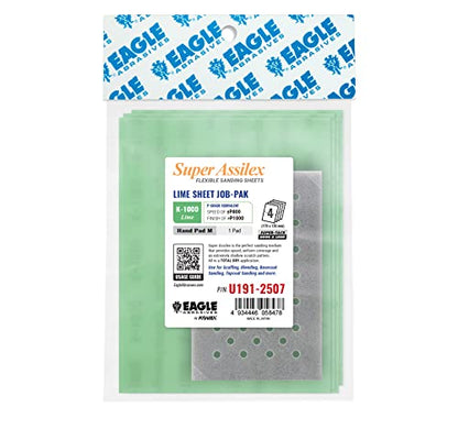 Super Assilex Flexible Sanding Sheets Job-PAK, Lime K-1000, U191-2507, 4 Sheets + 1 M Hand Pad for Half Sheets - color: K-1000 Lime, size: w/ Half-sheet M Pad