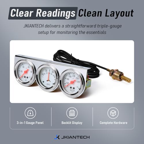 2" 52mm Triple Gauge Set, 3-in-1 Gauge Kit with Oil Pressure, Water Temperature & AMP Gauges, Backlit Dial, Universal for Most 12V Vehicles - style: Oil Press.+Ammeter+Water Temp.