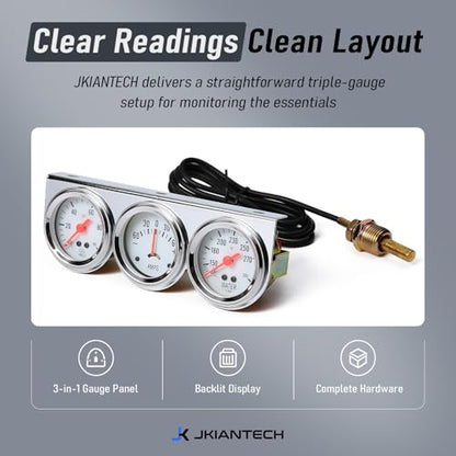 2" 52mm Triple Gauge Set, 3-in-1 Gauge Kit with Oil Pressure, Water Temperature & AMP Gauges, Backlit Dial, Universal for Most 12V Vehicles - style: Oil Press.+Ammeter+Water Temp.
