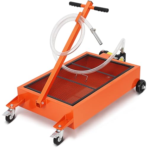 20 Gallon Low Profile Oil Drain Pan with 12V Electric Pump, Large Capacity Rolling Oil Change Tank, 8.2ft Discharge Hose & Folding Handle for Trucks, Buses, RVs and Cars - color: Orange, size: 20 Gallon with 12V Electric Pump
