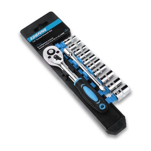 Egofine 12pcs 1/4 Inch Mini Ratchet Socket Wrench Set, Drive Socket Set with 10 Sockets (4-13mm) and 2 Way Quick Released Ratchet Handle and Extension Bar, Blue - color: 12pc Blue Standard Socket Set, size: 1/4