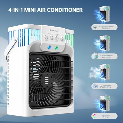 Portable Air Conditioners, 4 in 1 Cooling Fan with 3 Speeds & 3 Mist Modes,1200ml Water Tank, 2-8H Timer, Remote Control, 7 Color Night Light, Quiet Small Air Cooler for Bedrooms Office Car