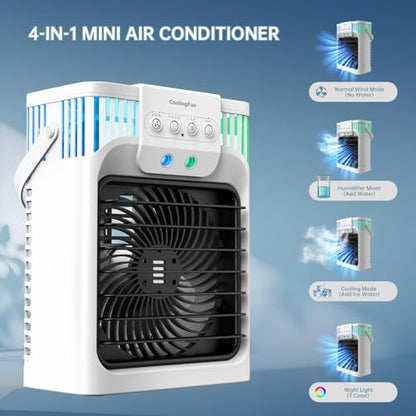 Portable Air Conditioners, 4 in 1 Cooling Fan with 3 Speeds & 3 Mist Modes,1200ml Water Tank, 2-8H Timer, Remote Control, 7 Color Night Light, Quiet Small Air Cooler for Bedrooms Office Car