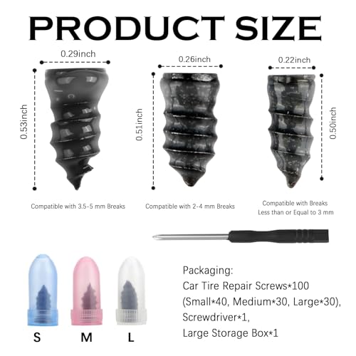 100PCS 3-Size Tire Repair Rubber Nail Kit with Screwdriver - color: 3 Size/100PCS