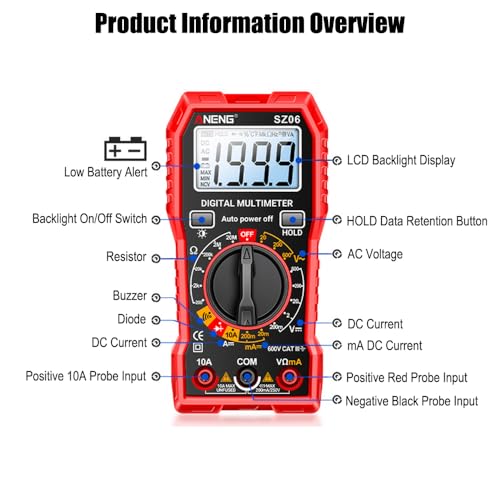 Digital Multimeter Voltage Tester, TRMS 2000 Counts Volt Meter; Fast and Accurately Measures AC/DC Voltage & Current, Resistance, Diode, Continuity and NCV - Red