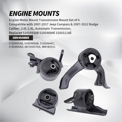 5105493AB Engine Motor Mount Transmission Mount Set of 4 Compatible with Dodge Caliber 2007-2012 L4 2.0L/L4 2.4L; Compatible with Jeep Compass 2007-2017 L4 2.0L/L4 2.4L Replaces 5105489AE
