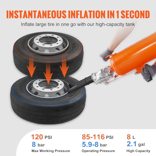 VEVOR Tire Seater, 2.1 Gal/8 L Air Tire Blaster, 120 PSI Handheld, Portable Tire Inflator Tool, 85-116 PSI Operating Pressure for Tractor Truck ATV Car and Automobile Repair - size: 2.1 Gal/8L