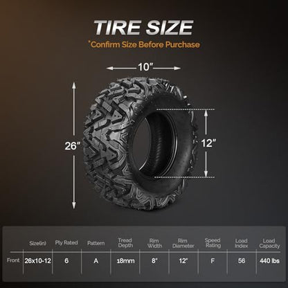 TUFFIOM 26x10-12 ATV Tires Set of 2 for All Terrains, Mud Sand Off-road ATV UTV Tire for Trail Vehicles, 6 PR, Deep Tread, Tubeless - size: 26 x 10.00-12 (2 pack)