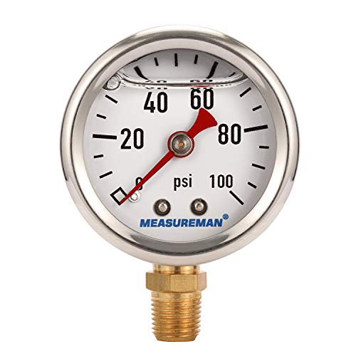 MEASUREMAN 1-1/2" Dial Size, 304 Stainless Steel case, Liquid Filled Fuel Pressure Gauge, 0-100Psi, +/-3-2-3%, 1/8" NPT Center Back Mount - size: 0-100 psi, style: Lower Mount