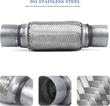 Exhaust Flex Pipe 2.5" Inlet 12" Length Heavy Duty Stainless Universal - size: 2.5"x8"x12"