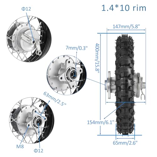 2.50-10 Rear Wheel Tire Rim 1.4 * 10 Rear Tire Rim Wheel Drum Brake w/420-37T Sprocket & 420-132L Chain for CRF50 Yamaha TTR50 PW50 Dirt Bike
