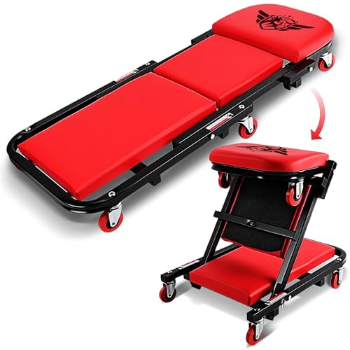 BullsArmor Mechanic Creeper 40 inch - Bench & Stool 2 in 1 - Folding Adjustable Chair Z Design 300 Lbs Capacity - Heavy Duty Garage Seat Tool 6 Wheels - Gift Idea for Car Guy Maintenance Repair Shop