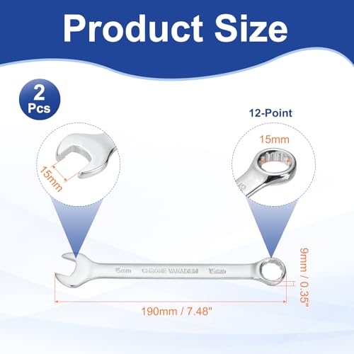 HARFINGTON 2pcs Combination Wrench 15mm Metric 12-Point Box and Open End - size: 15mm
