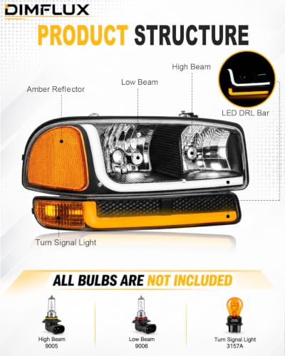 fit1999-2006 GMC Sierra 1500 2500 3500 Headlights w/Dual LED DRL for Yukon XL 1500 2500 NO Denali Trim Models Black Housing Amber Reflector - color: Black Housing Amber Reflector