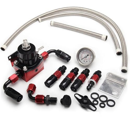 EFI Fuel Pressure Regulator Kit 30-70psi with Gauge 6AN Fuel Line Fitting Universal Adjustable Aluminum (Black+Red) - color: black+red
