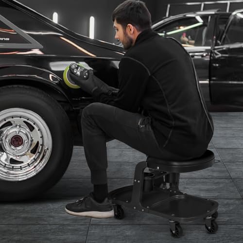 M-AUTO Garage Roller Seat Heavy Duty Rolling Shop Mechanic Creeper/Shop Stool with Tool Tray and Equipment Rack, 300LBS Capacity Creeper Seat with 5 Rollers for Detailing Car, Red