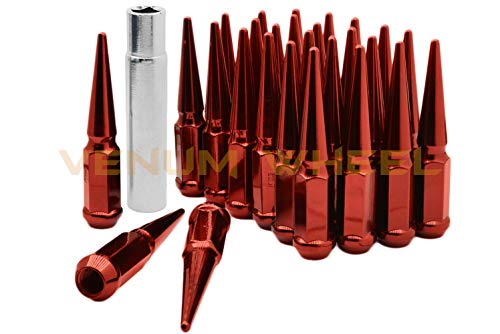 4 Pc 5x150 MM Hub Centric Wheel Spacers Adapters 5x150 MM | 2" Thick | 14x1.5 | +20 Pc 4.5" Tall Spike Red Lug Nuts + Key Works with 07-19 Toyota Tundra Sequioa Land Cruiser Lexus
