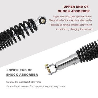 Minho Motorcycle Dual Rear Shock Absorbers with Adjustable Spring Preload in Heavy Iron Material Compatible with Chinese GY6 Scooter Mopeds Taotao Tank Jonway Roketa,305MM Length,10MM Mounting Hole - size: 305mm