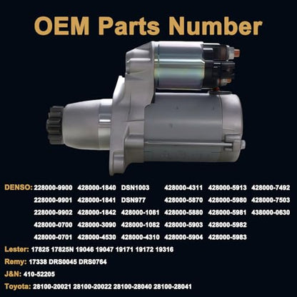 Starter Motor 17825 for Toyota Camry Highlander RAV4 Sienna for Lexus ES350 RX350 for Scion XB TC for Pontiac Vibe 2002-2017 Replaces 28100-28040 410-52205 - size: 17825