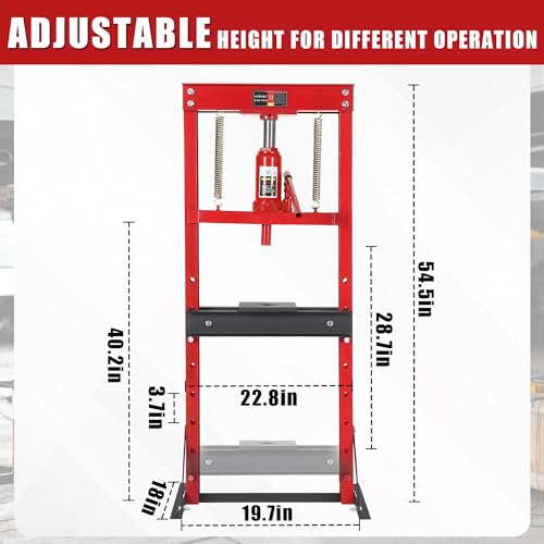 12 Ton Hydraulic Shop Press, Heavy-Duty H-Frame Garage Floor Press with Stamping Plates, Adjustable Height Bearing Press for Metal Straightening, Bending, Parts Pressing & Automotive Repair