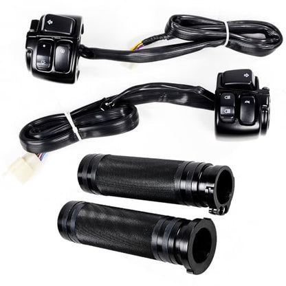 Motorcycle Hi/Lo Beam Headlight Horn Turn Signal On/Off Switch Controls with Hand Grips Completed Black kit for 1" Handlebar Harley Softail Dyna Sportster Touring
