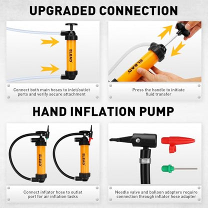 Gas Siphon Pump for Gasoline, Multi-Use Fluid Transfer Pump, Oil Liquid Siphon Pumps, Fuel Siphon Tool, Multifunction Hand Inflation Pumps with Inflator Hose adapter, Needle Valve/Balloon adapter - color: New Version Yellow