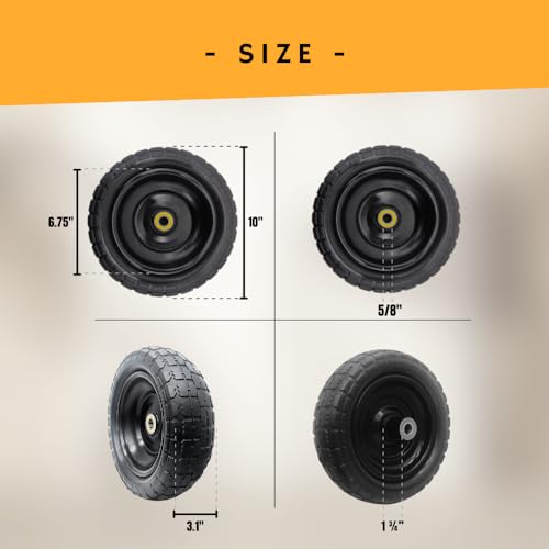 10-Inch Solid Replacement Tire and Wheel 4.10/3.50-4" - Flat Free Tires for Cart, Dolly, Hand Truck, Generator, Lawnmower, Garden Wagon with 5/8” Axle Bore Hole - Double Sealed Bearings (2)