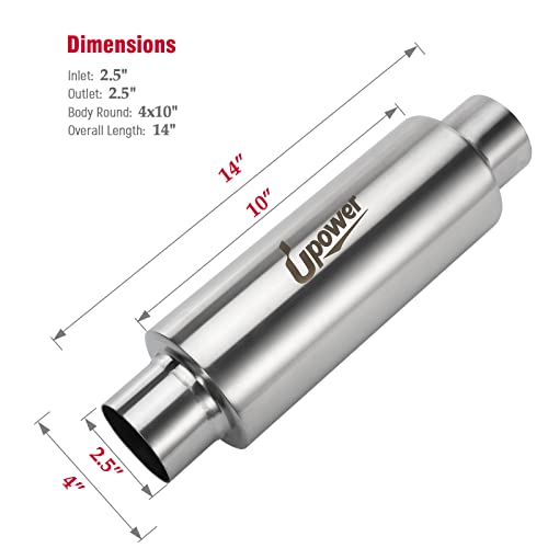 Upower 2.5" Inlet&Outlet Diesel Exhaust Muffler 4" x10" Body 14" Whole Length Universal Resonator - Straight Through Polished Stainless Steel Welded On Resonator Muffler - size: 2.5" Inlet 14" Overall Length