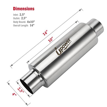 Upower 2.5" Inlet&Outlet Diesel Exhaust Muffler 4" x10" Body 14" Whole Length Universal Resonator - Straight Through Polished Stainless Steel Welded On Resonator Muffler - size: 2.5" Inlet 14" Overall Length