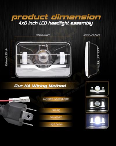 4x6 LED Headlights, Compatible with 1991-1997 Pontiac Firebird Trans Sport, Black, Clear Lens, Waterproof, Universal Fit, Car, Truck, Motorcycle, H4651 H4652 H4656 H4666, Headlights