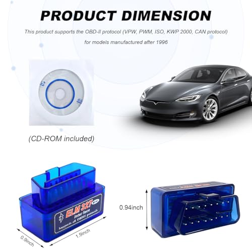 ELM327 OBDII Car Auto Diagnostic Scanner, Professional Mini Bluetooth Scan Tool Engine Fault Code Reader, Wireless Failure Detector Interface Adapter for Most OBD II Vehicles - color: Blue, 1 PCS