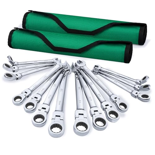 SK Flex Head Ratcheting Wrench Set, SAE 3/8"-3/4", Metric 10-19mm, 14-Piece