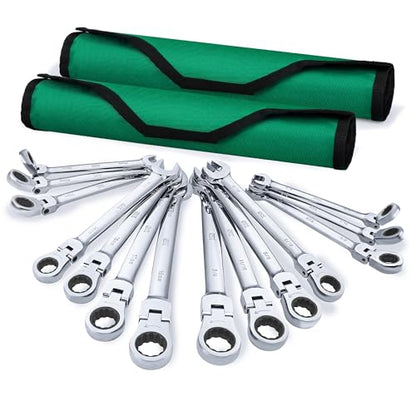 SK Flex Head Ratcheting Wrench Set, SAE 3/8"-3/4", Metric 10-19mm, 14-Piece