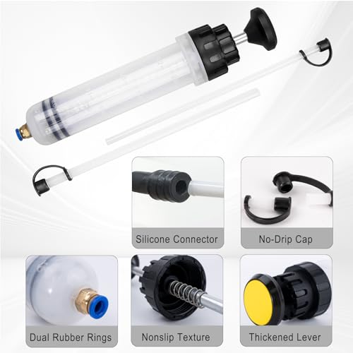 Automotive Fluid Extractor Pump, 200cc Manual Oil Extractor Pump with 2 PVC Hoses, Powerful Suction, Multi-Use Oil Extraction Syringe, Universal for Most of Cars