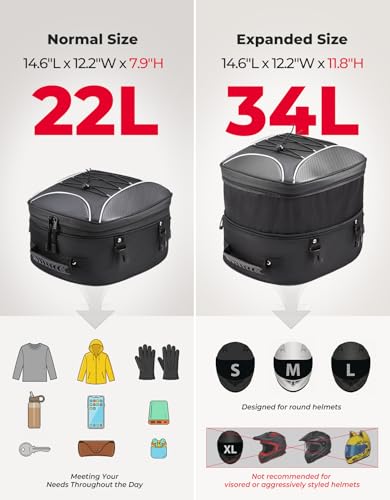 KEMIMOTO Motorcycle Tail Bag, Dual Use Motorcycle Rear Seat Bag with Waterproof Rain Cover, 22L-34L Expandable Motorbike Helmet Bag Luggage Storage Backpack with 6 straps - size: 22L-34L