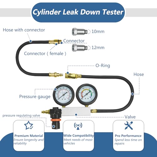 Cylinder Leak Down Tester Kit Compression Leakdown Detector Leakage Test Set for Gasoline Engine Leak Detection Tester Kit Dual Pressure Gauges