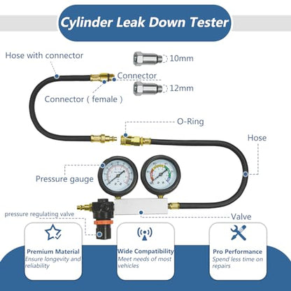 Cylinder Leak Down Tester Kit Compression Leakdown Detector Leakage Test Set for Gasoline Engine Leak Detection Tester Kit Dual Pressure Gauges