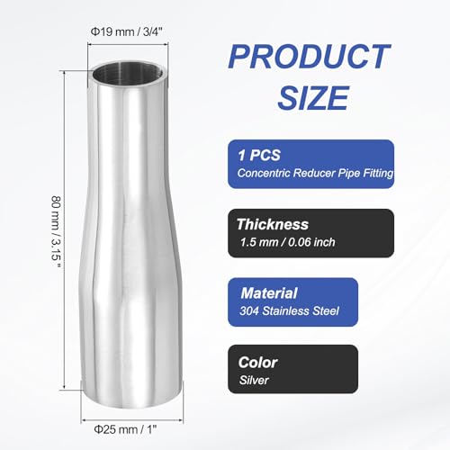 PATIKIL Concentric Reducer Pipe Fitting, 1"(25mm) to 3/4"(19mm) OD 304 Stainless Steel Butt Weld Tube Long Reducer Exhaust Pipe for Food Beverage HVAC Plumbing, Silver - size: 1" to 3/4" OD
