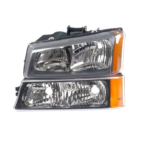 Headlight Assembly w/Tail Lights Set Fit For 2003 2004 2005 2006 Chevy Silverado 1500 2500 3500 Black Housing Amber Corner w/Red Taillights Rear Brake Lamp