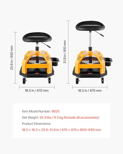 VEVOR Mechanic Stool Dual Storage Trays Rolling Stool and Garage Stool with Adjustable Height 23.6–29.5 in,Soft Waterproof Cushion 360° Swivel Casters 330 LBS Capacity Heavy Duty - color: Yellow
