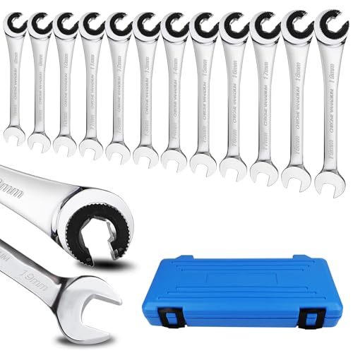 LOSCHEN 12pcs/set 8-19mm Metric Ratcheting Wrench Combination Wrench Set with 72 Teeth, Chrome Vanadium Steel Tubing Ratchet Spanner（US and European Patents） - size: Metric set/12pcs